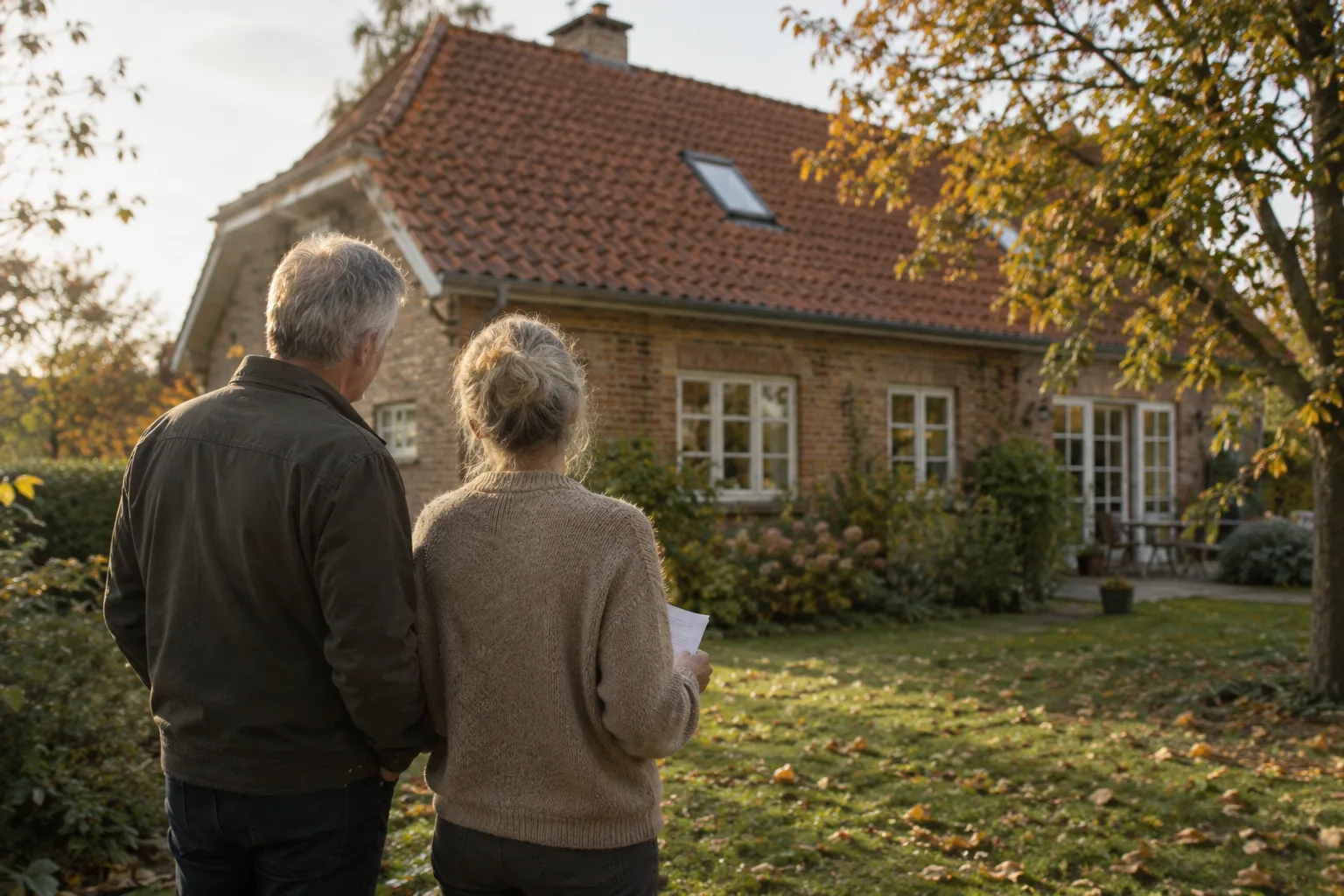 Ældre par set bagfra i haven foran et murstenshus med tegltag en efterårseftermiddag
