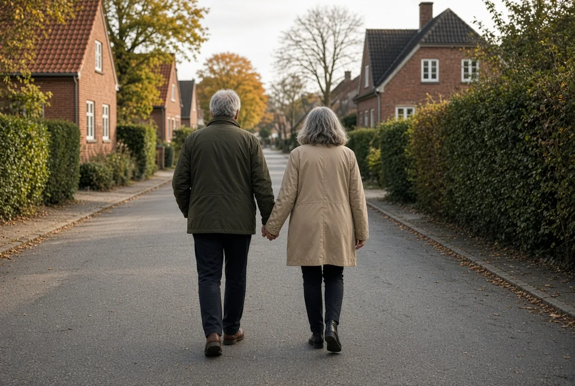 Ældre par set bagfra går hånd i hånd ad en villavej med hække og murstenshuse
