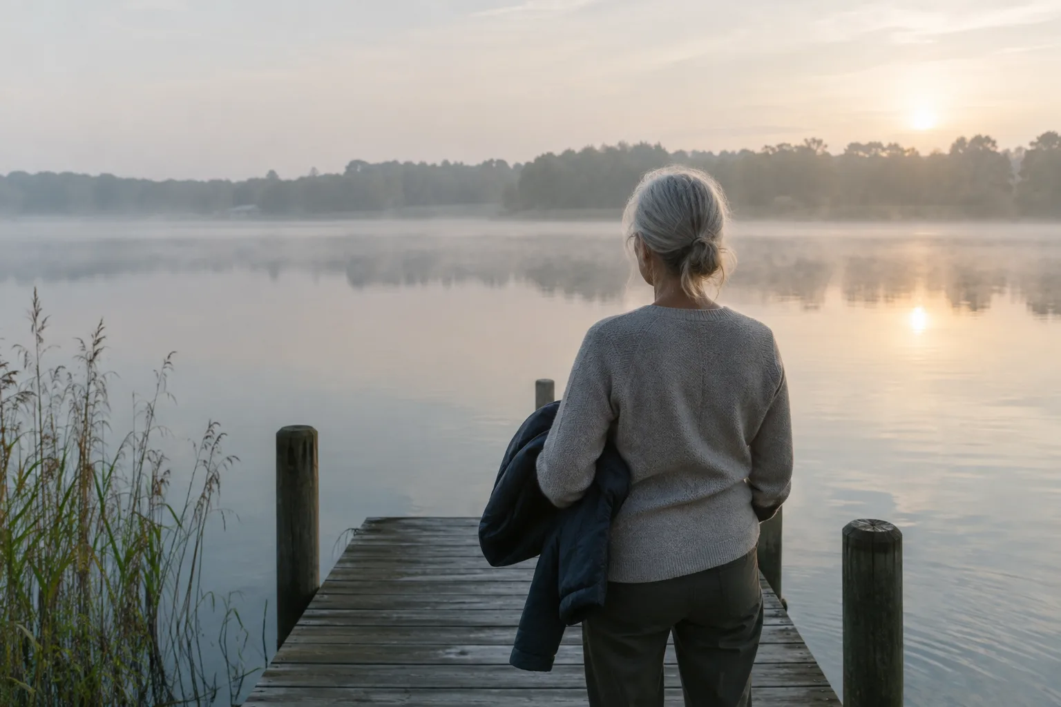 Kvinde med gråt hår set bagfra på en badebro ved en stille sø i morgendis