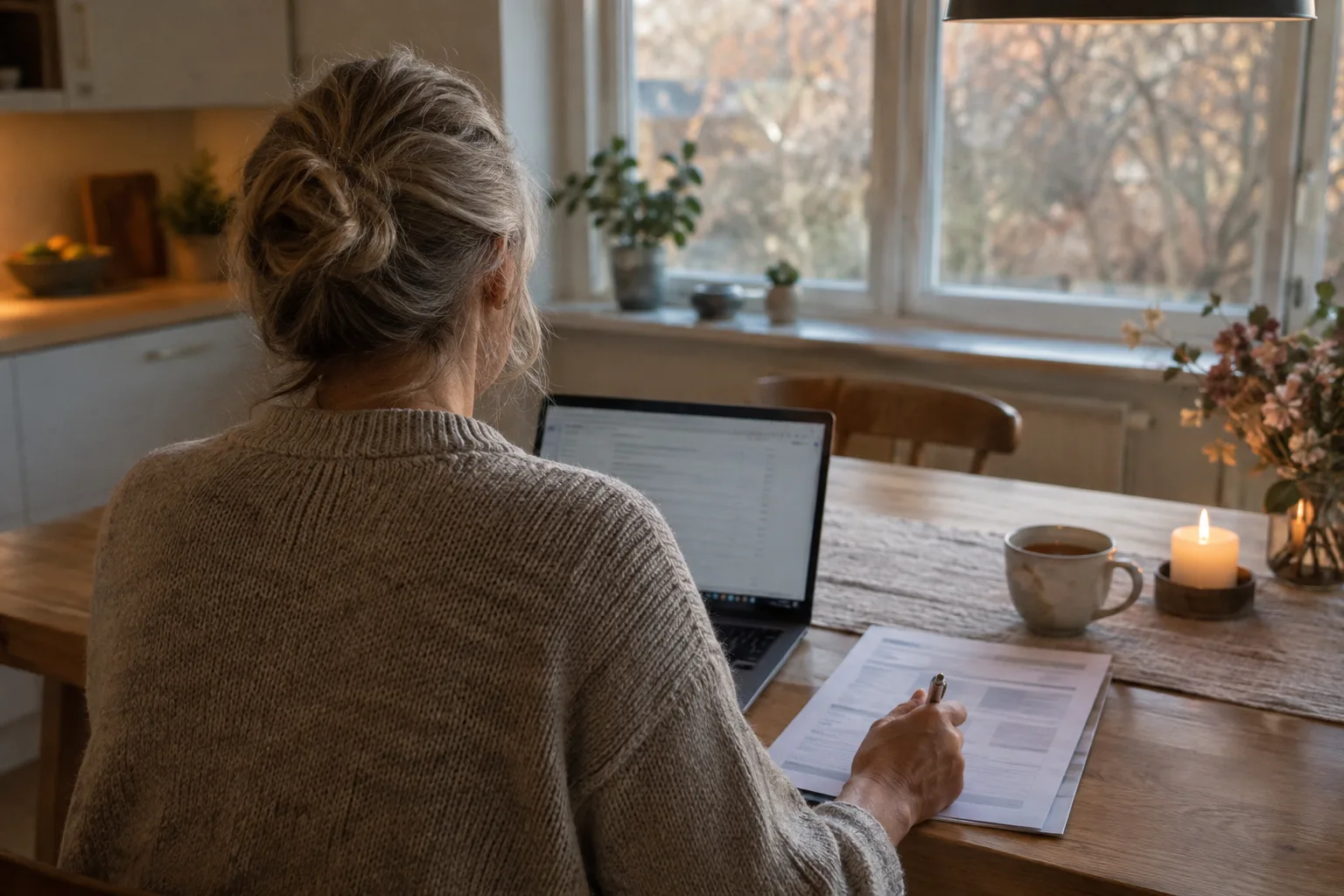 Kvinde set bagfra ved køkkenbordet med en bærbar computer, en udskrevet lønseddel og en kop te