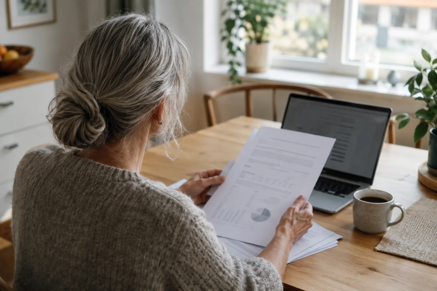 Kvinde med gråt hår set bagfra læser pensionspapirer ved køkkenbordet