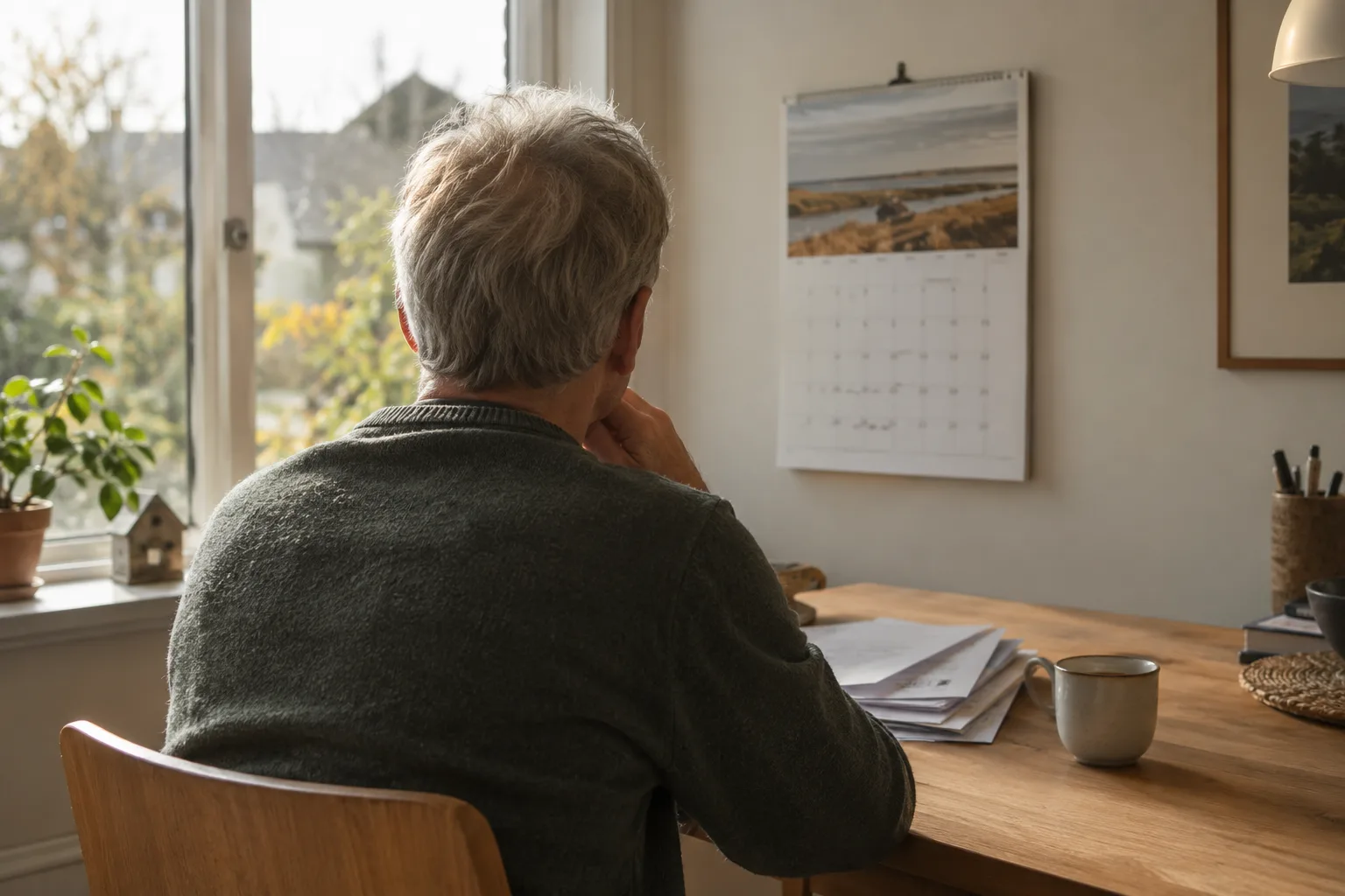 Mand med gråt hår set bagfra ved et skrivebord med en vægkalender, en stak papirer og en kop kaffe