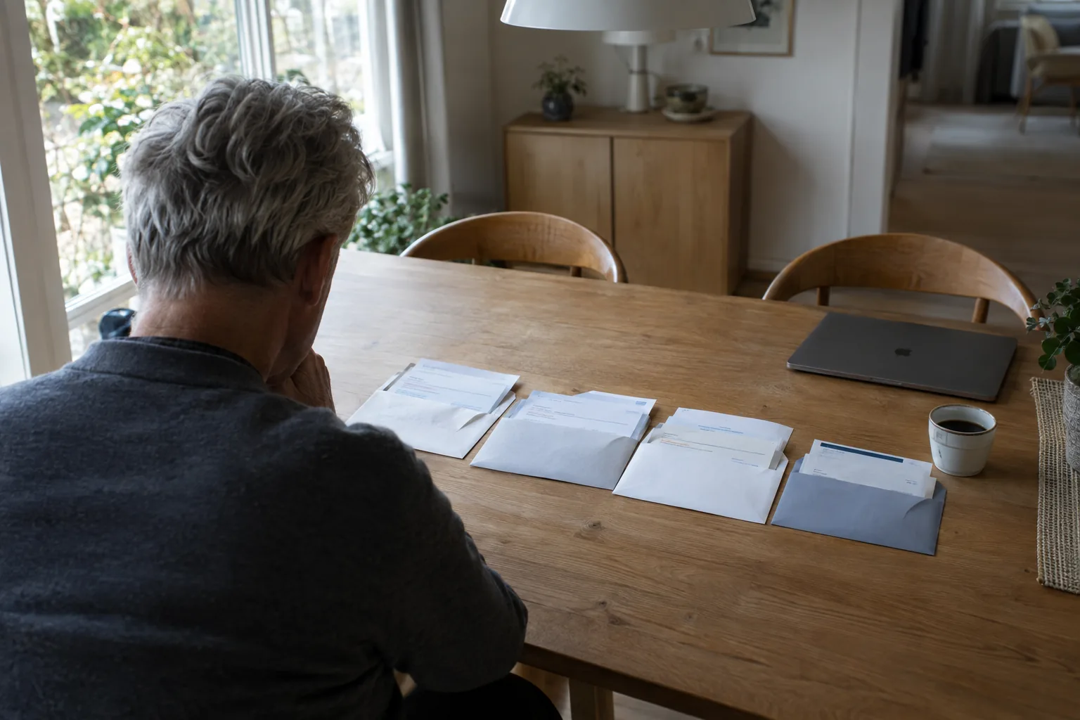 Mand med gråt hår set bagfra ved spisebordet med fire åbne kuverter fra pensionsselskaber lagt i en række