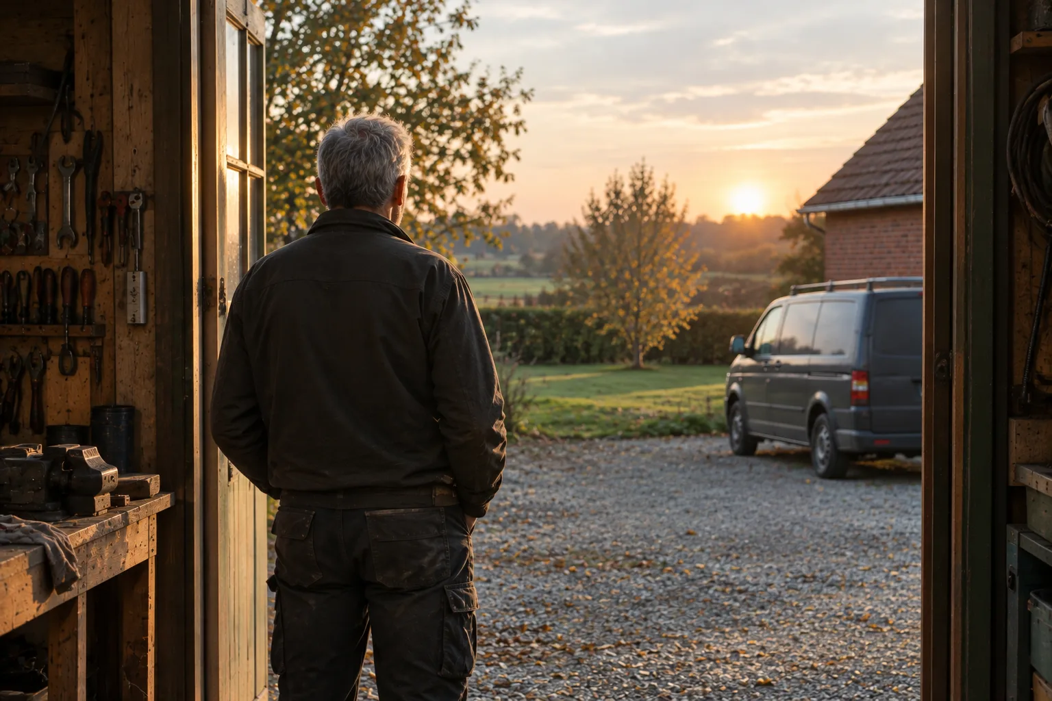 Håndværker med gråt hår set bagfra i døren til sit værksted ved solnedgang med en varevogn i gårdspladsen